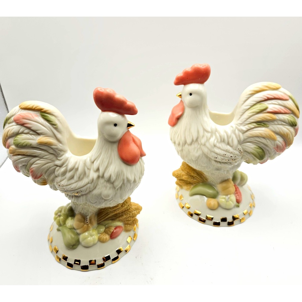 Lenox Rise 'n' Shine Rooster Candlestick Pair Ivory China 24K Gold 2003 w/ COA